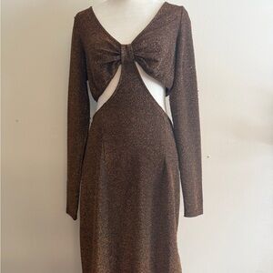 Elegant Brown Glitter Gold Cutout Long Sleeve Midi Dress